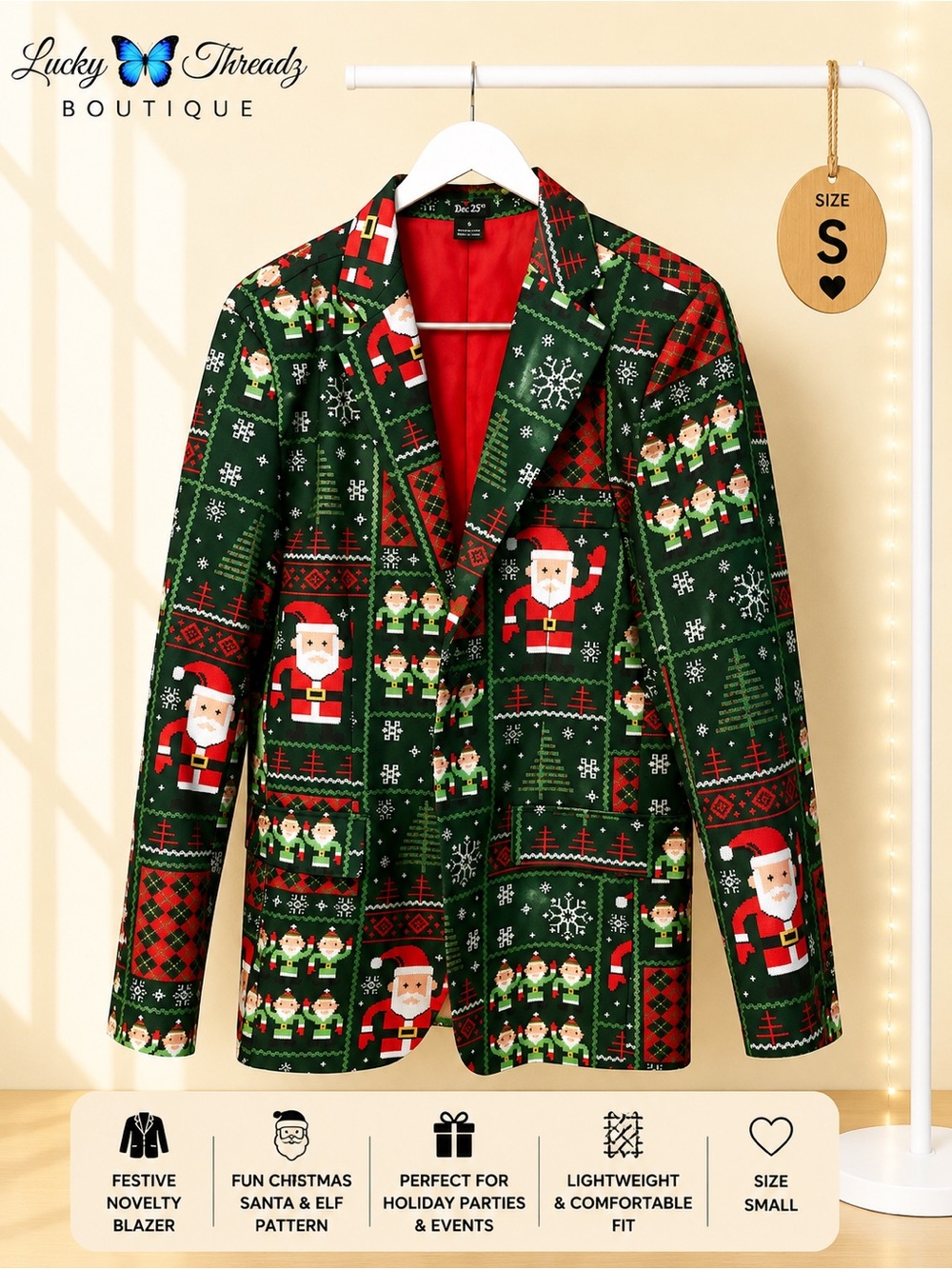 Men's Santa Claus Holiday Christmas Party Blazer Jacket Small